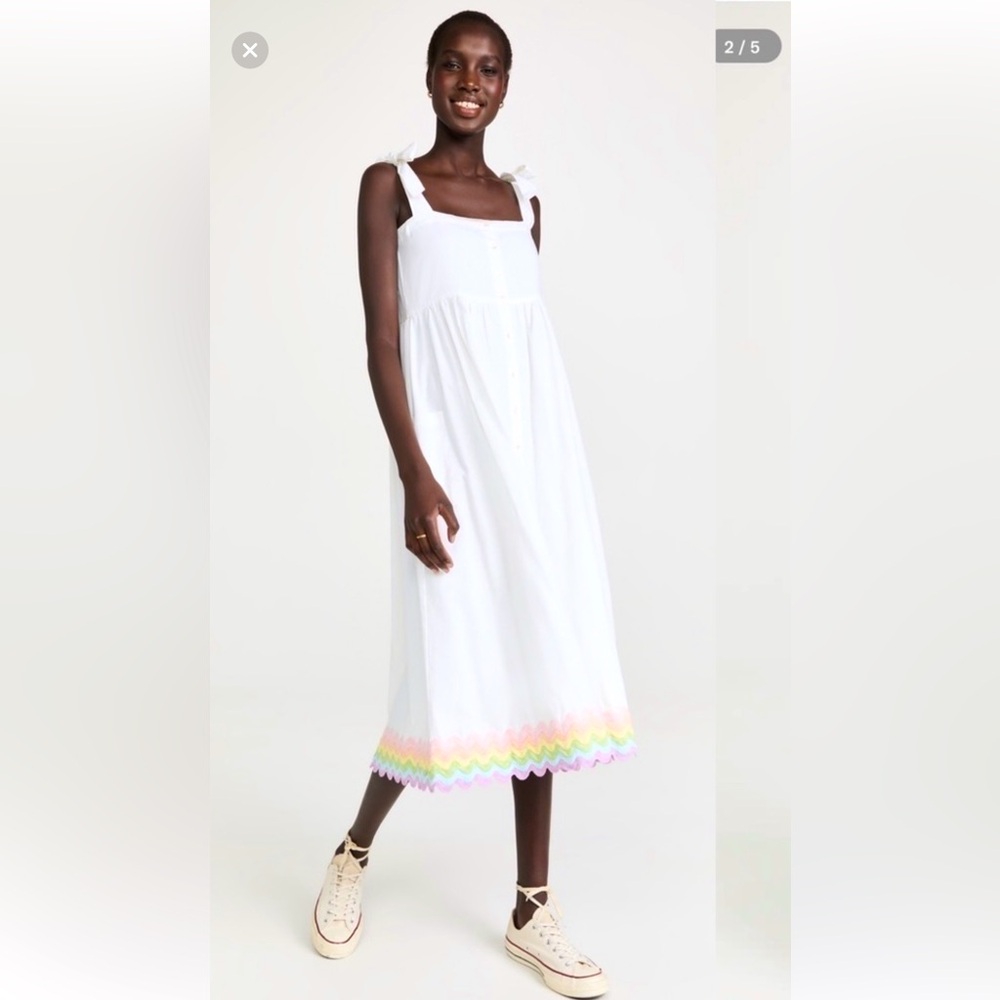 Juliet Dunn Tie Shoulder Dress - White & Pastel Rainbow. S.